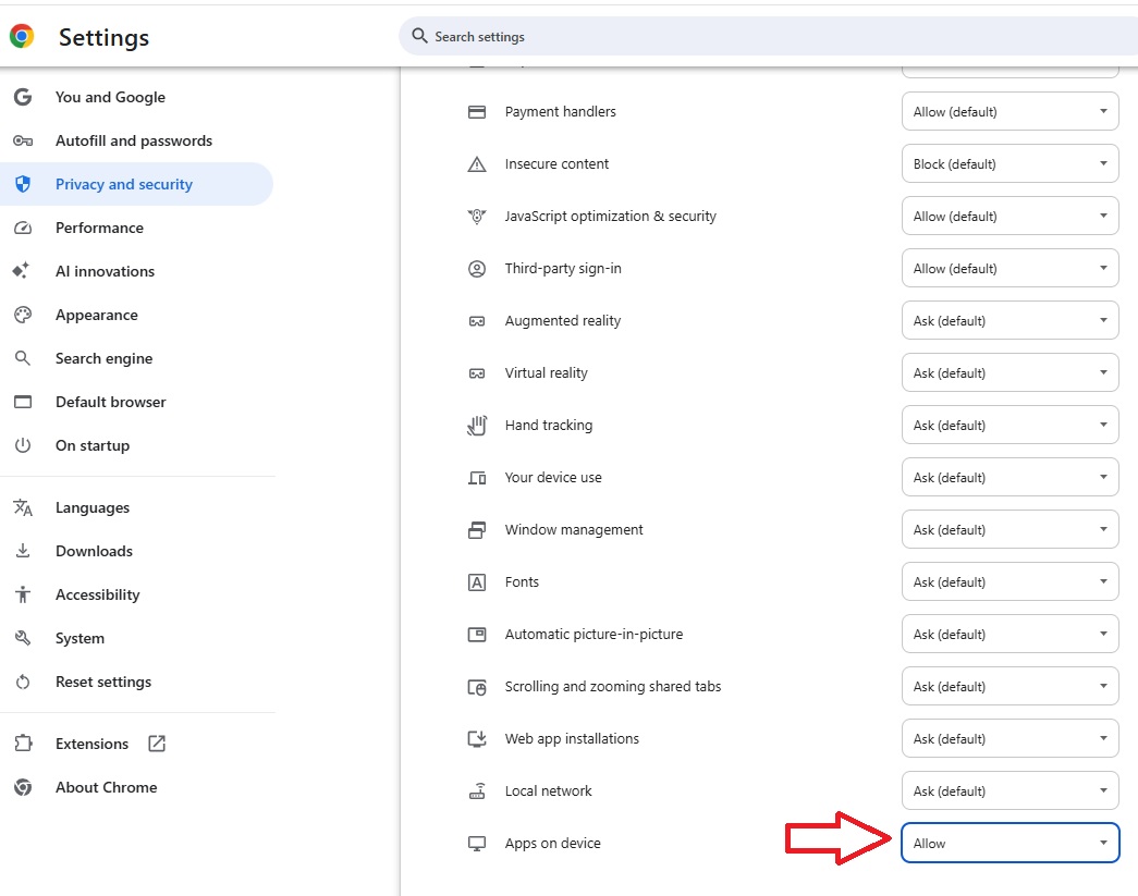 Set Apps on device to Allow